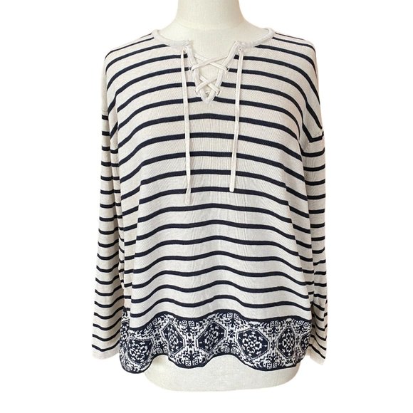 J. Jill Mariner Striped Damask Nautical Lace Up Lightweight Knit Pullover-L - Picture 13 of 13
